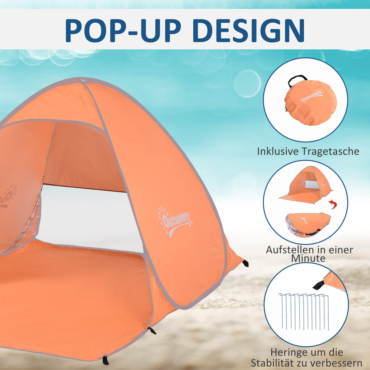 Beach tent pop-up automatic UV protection rear window large floor carpet orange