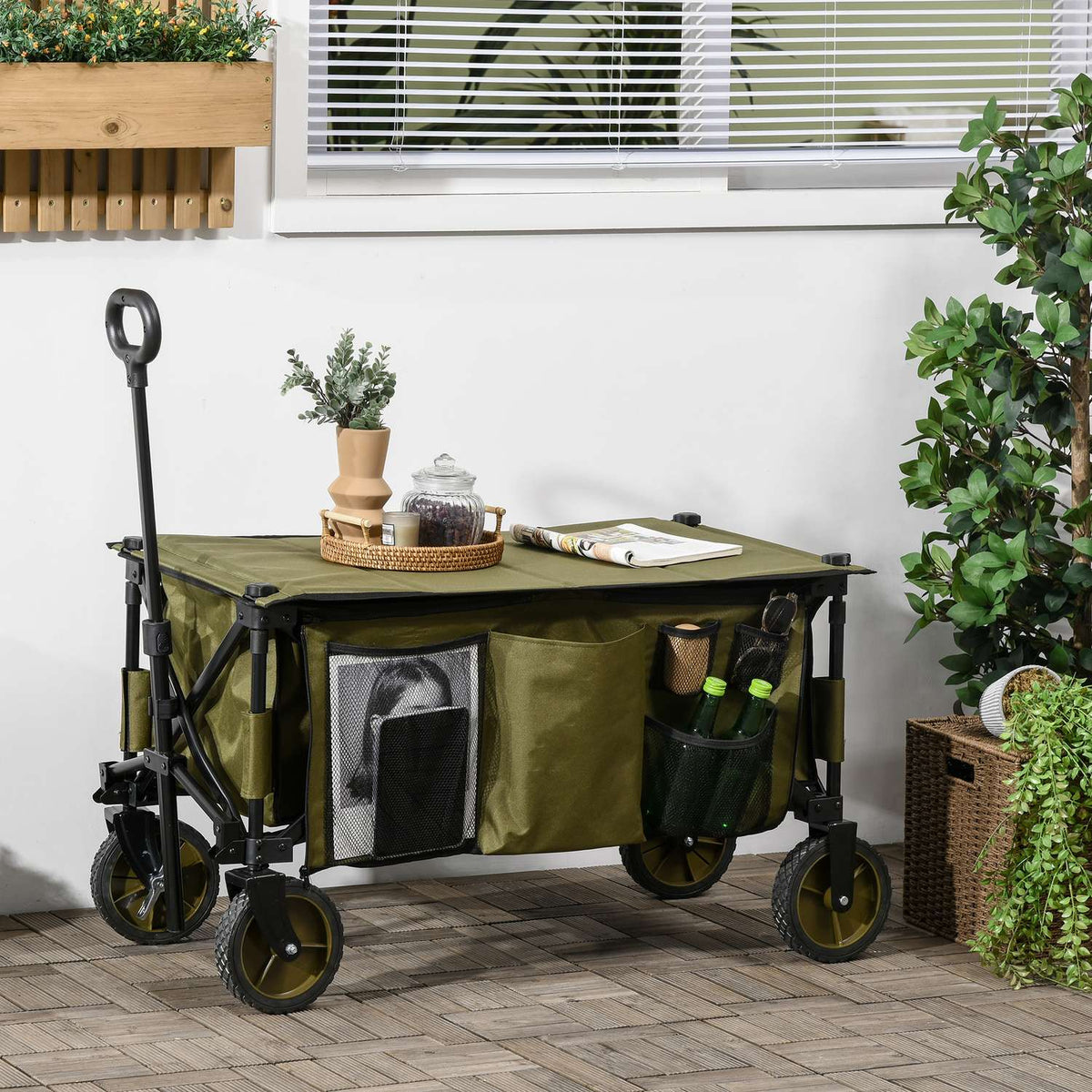 Beach trolley, folding transport trolley, 4 wheels, removable tarpaulin, height-adjustable handle, tilting tray, foldable and 5 storage bags, 108 x 55 x 93 cm, green