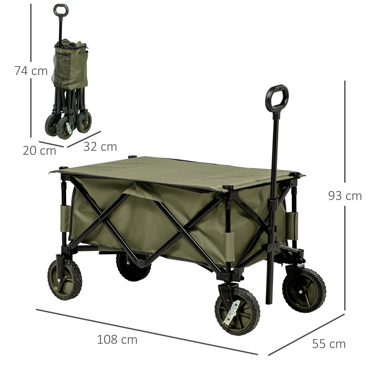 Beach trolley, folding transport trolley, 4 wheels, removable tarpaulin, height-adjustable handle, tilting tray, foldable and 5 storage bags, 108 x 55 x 93 cm, green