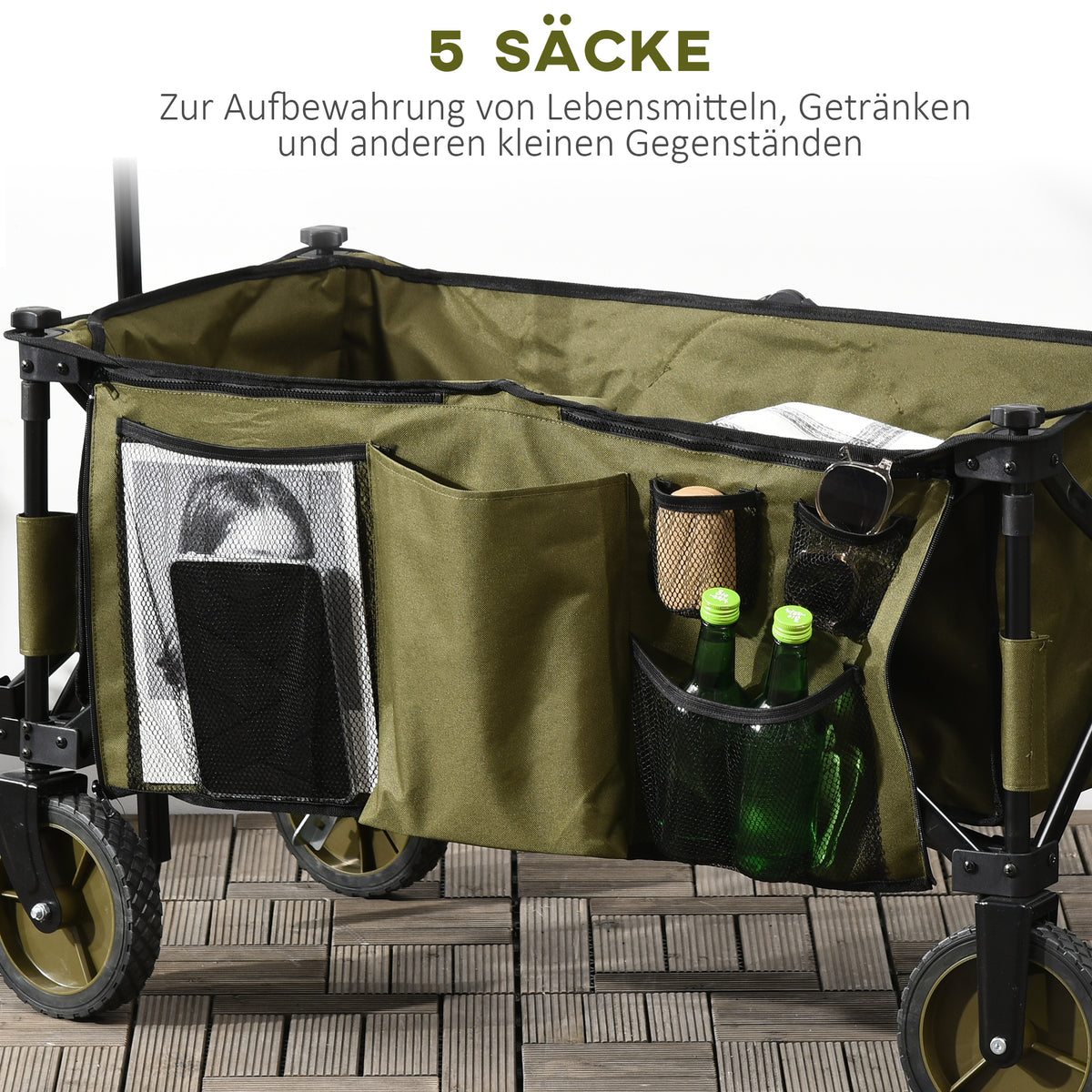 Beach trolley, folding transport trolley, 4 wheels, removable tarpaulin, height-adjustable handle, tilting tray, foldable and 5 storage bags, 108 x 55 x 93 cm, green