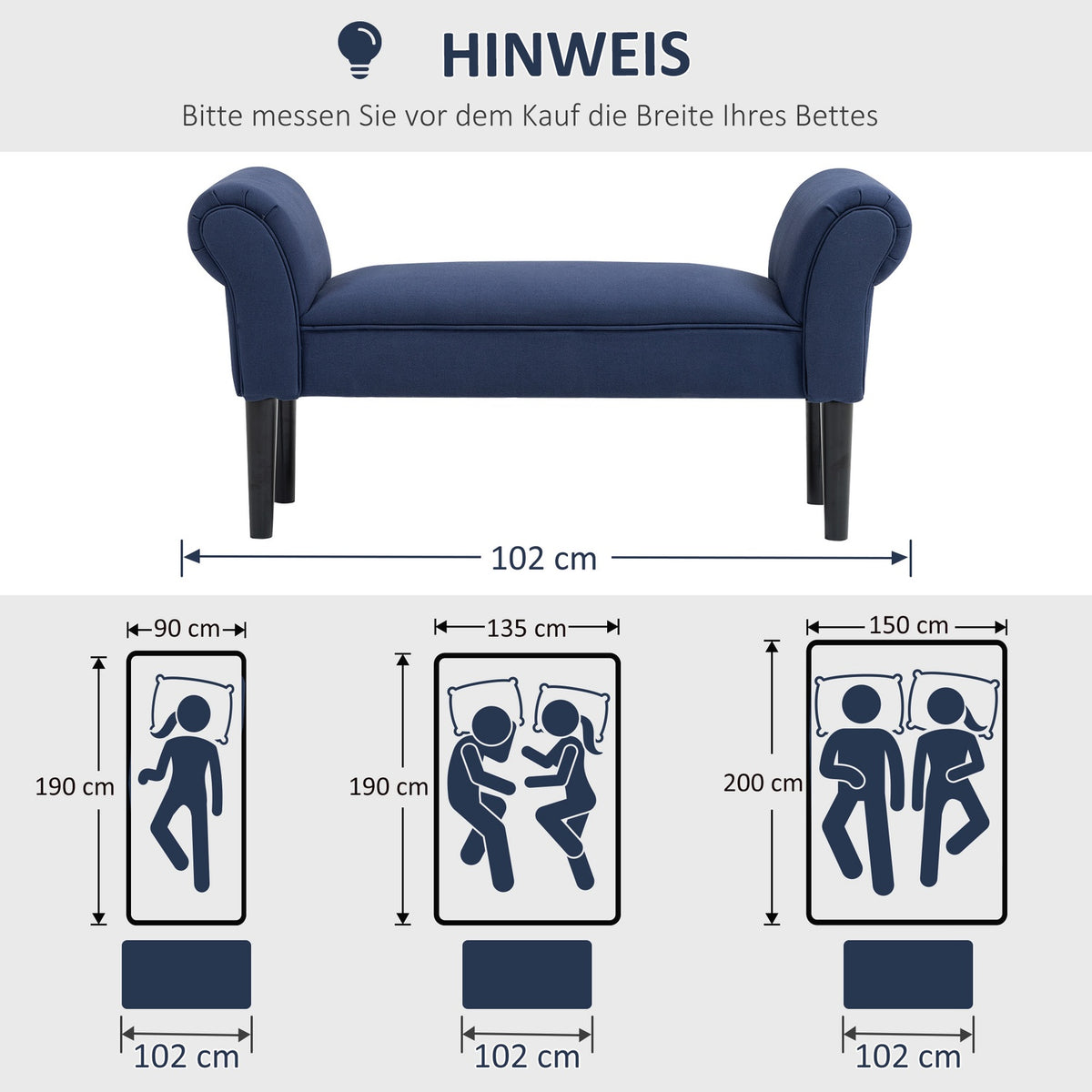 Bed bench, upholstered bench, bench, hallway bench for bedroom, load capacity up to 130 kg, sail fabric, blue, 102 x 36 x 51 cm