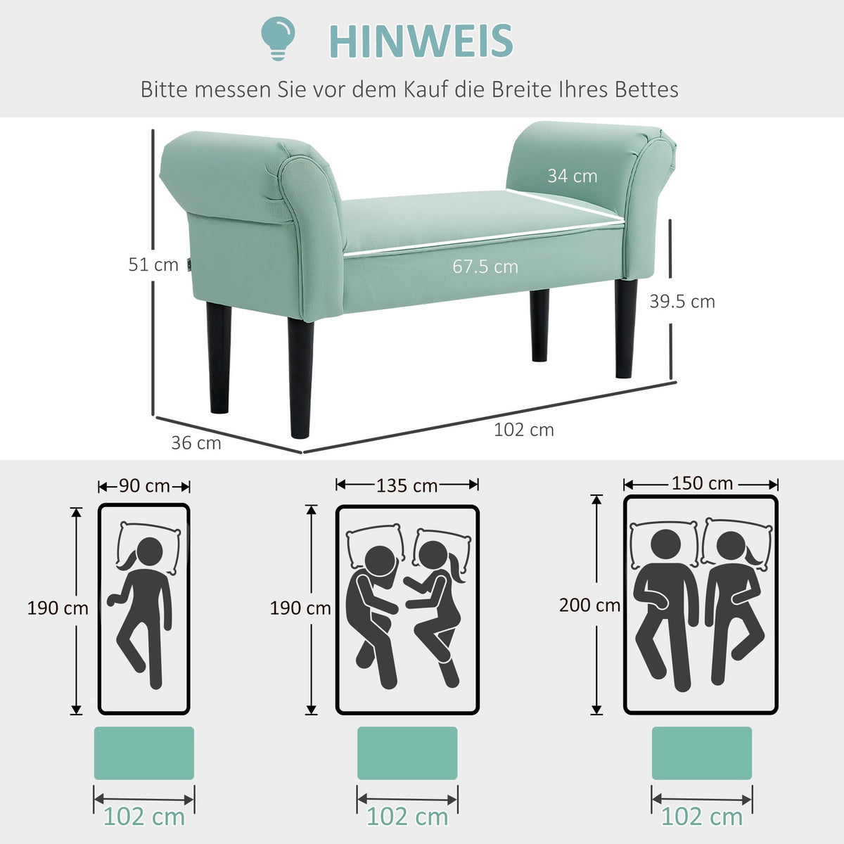 Bed bench, upholstered bench, bench, hallway bench for bedroom, load capacity up to 130 kg, sail fabric, green, 102 x 36 x 51 cm