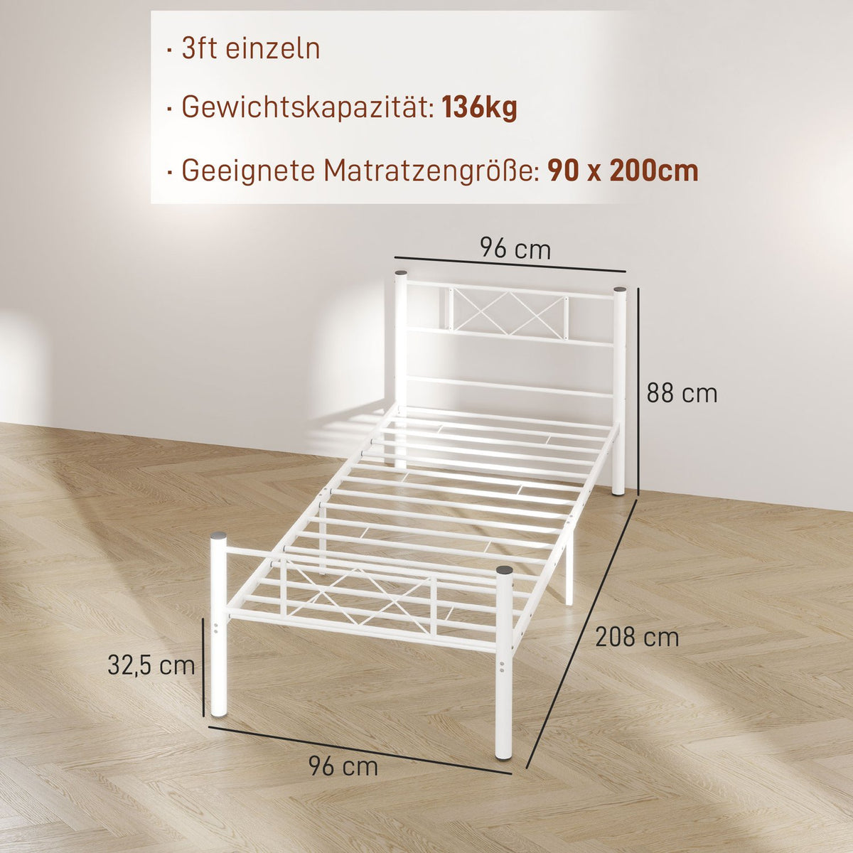Bed frame for mattress 200 x 90 cm, bed frame 88 cm high single bed frame made of steel, for bedroom guest room, white