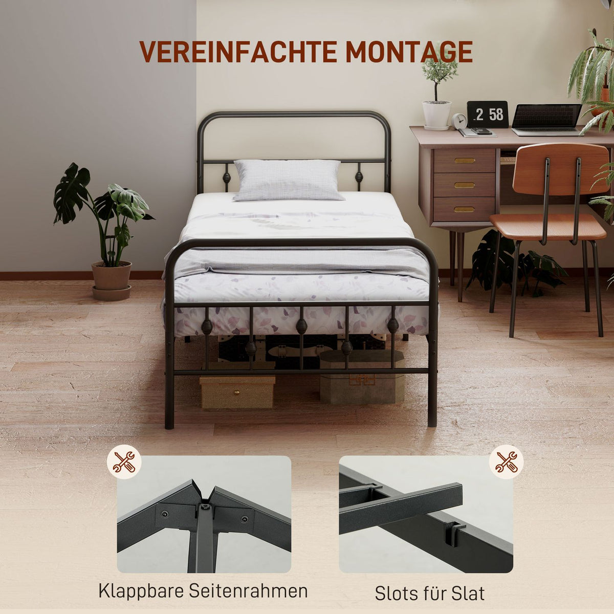 Bed frame for mattress 200 x 90 cm, folding bed frame, 82.5 cm high metal bed, metal frame bed made of metal, for bedroom, guest room, black