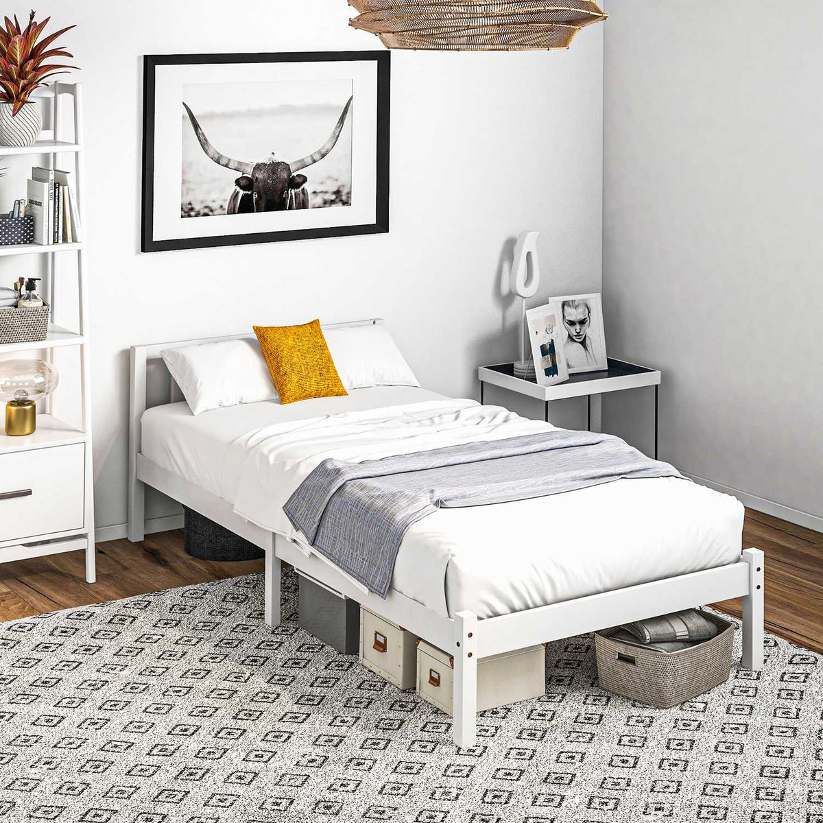 Bed frame wooden bed with slatted frame, 208 x 96 cm bed frame with headboard, single bed frame for bedroom, white