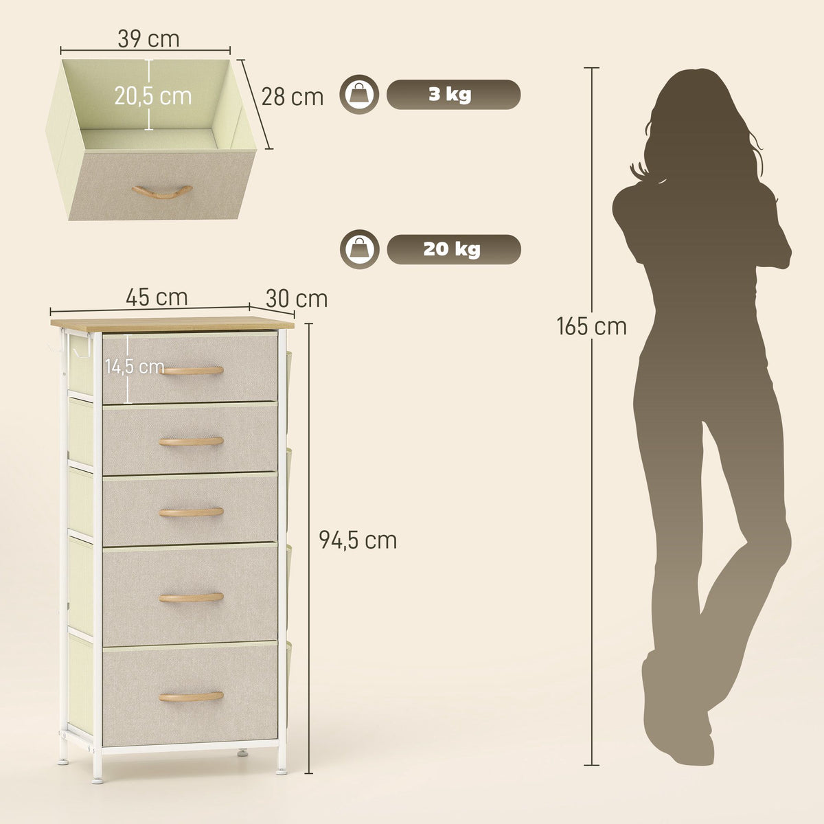 Bedroom Dresser with 5 Fabric Drawers, Steel Frame, Beige