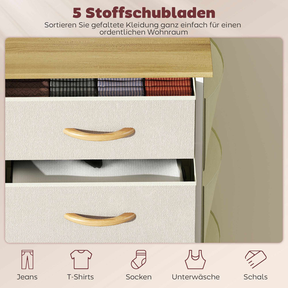 Bedroom Dresser with 5 Fabric Drawers, Steel Frame, Beige