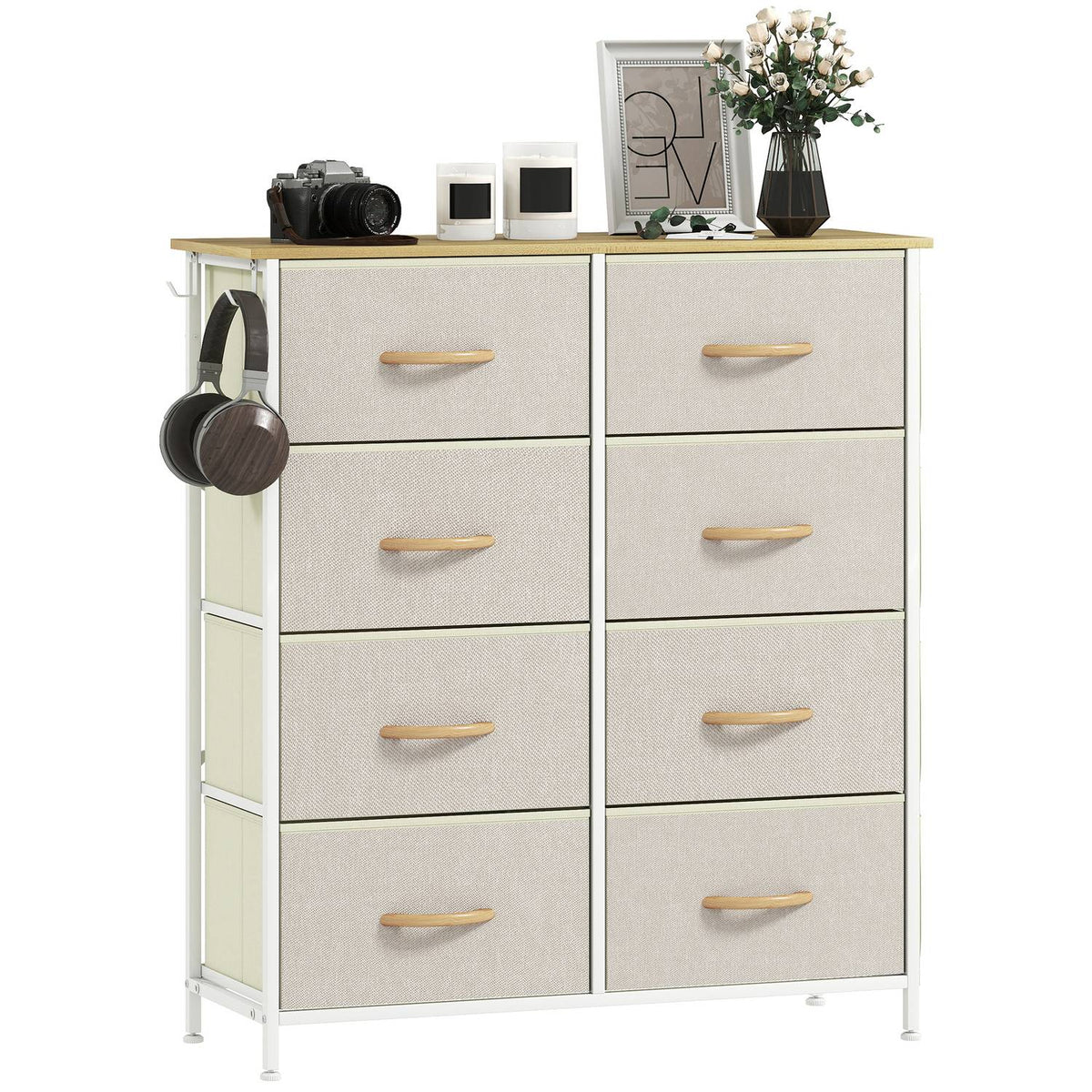 Bedroom Dresser with 8 Fabric Drawers, Steel Frame, Beige