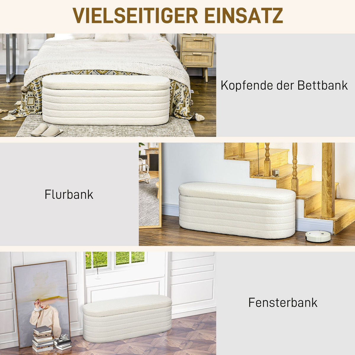 Bedroom bed bench, with storage space, wooden legs, high stability, teddy fleece, load capacity 120 kg, 116 x 41 x 40.5 cm, cream white