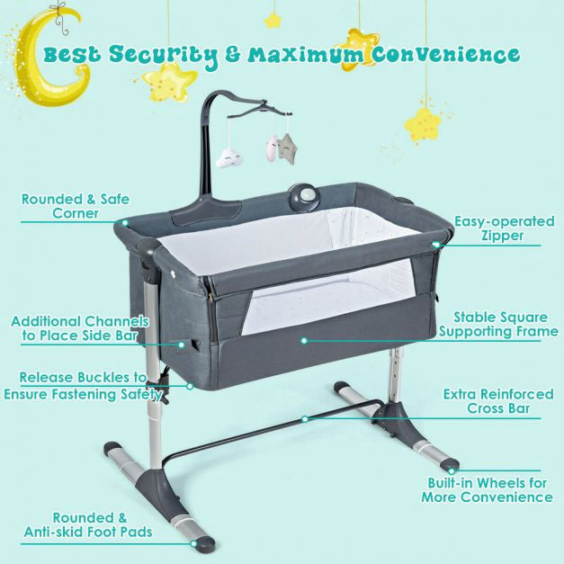 Bedside Bassinet, Foldable, Adjustable Height, Toys, Dark Grey