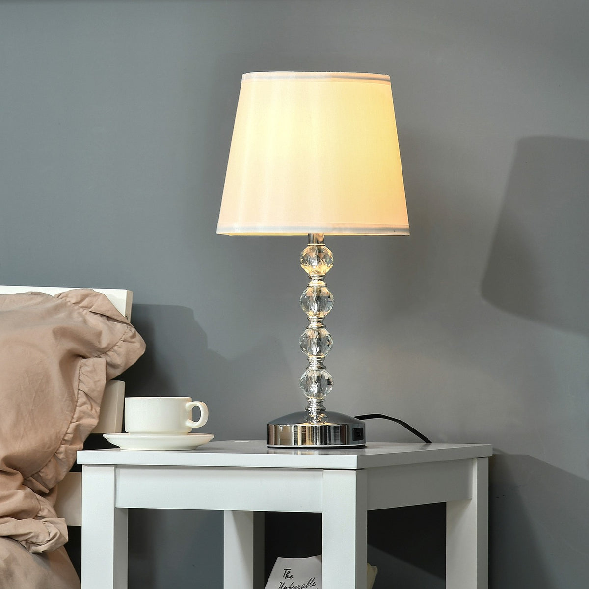 Bedside Lamp With Usb Crystal Table Lamp With Charging Function, Touch Sensor, E27, White+Silver, Ø23X45Cm
