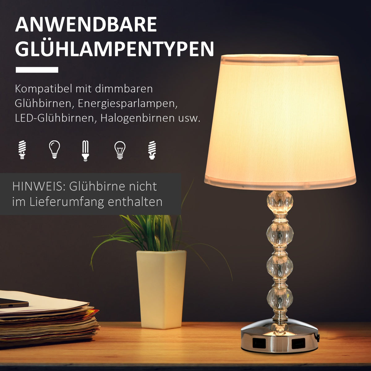 Bedside Lamp With Usb Crystal Table Lamp With Charging Function, Touch Sensor, E27, White+Silver, Ø23X45Cm