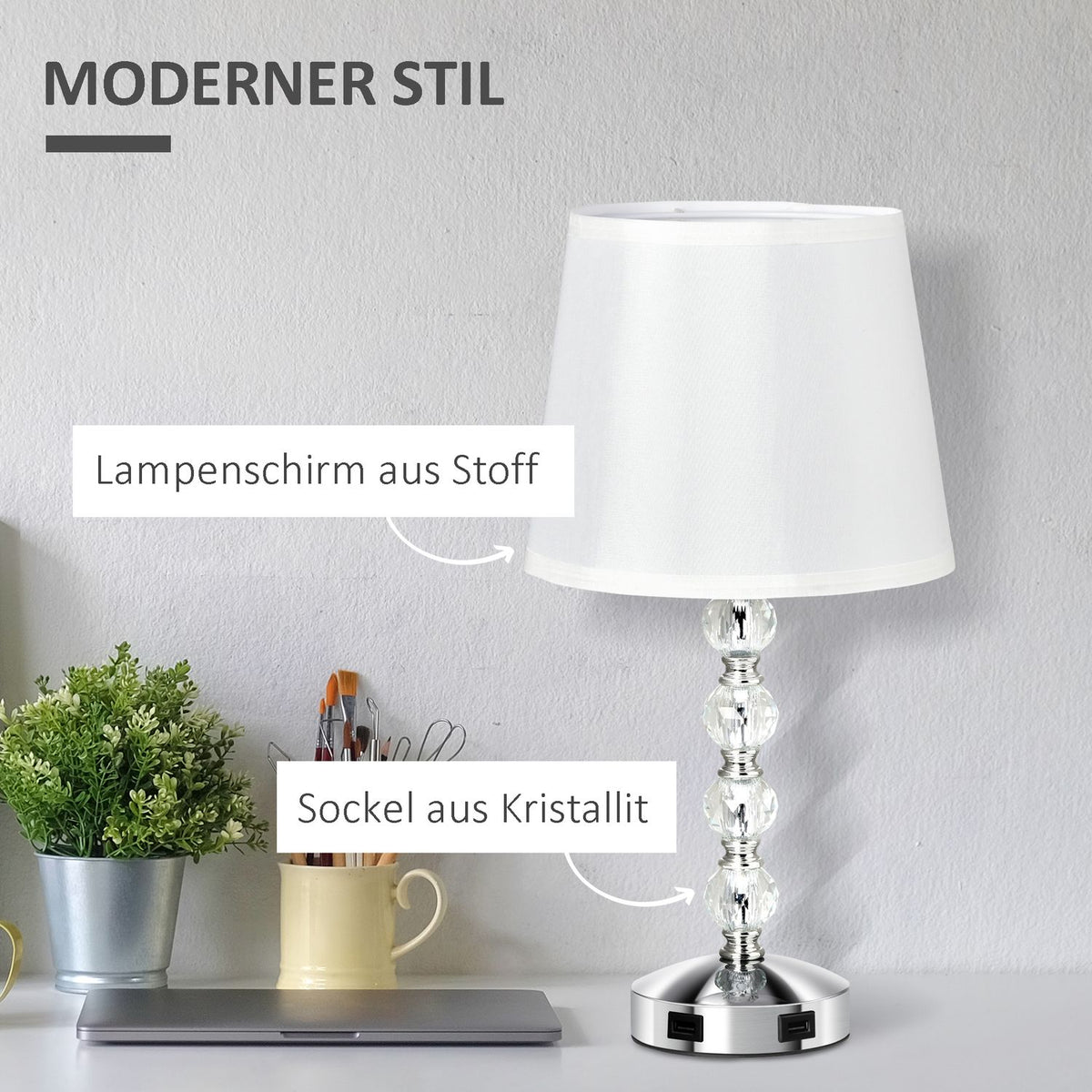 Bedside Lamp With Usb Crystal Table Lamp With Charging Function, Touch Sensor, E27, White+Silver, Ø23X45Cm