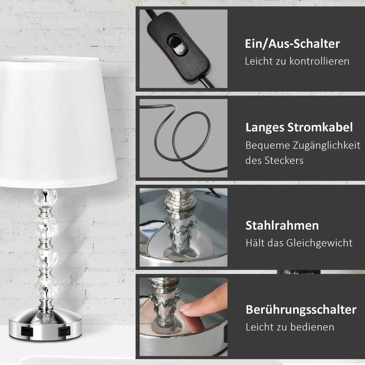 Bedside Lamp With Usb Crystal Table Lamp With Charging Function, Touch Sensor, E27, White+Silver, Ø23X45Cm