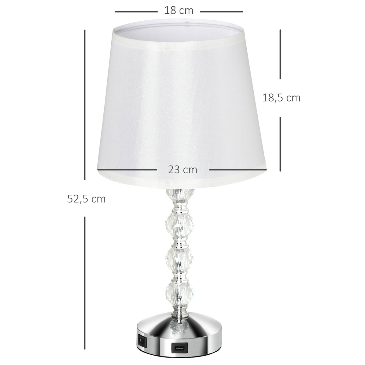 Bedside Lamp With Usb Crystal Table Lamp With Charging Function, Touch Sensor, E27, White+Silver, Ø23X45Cm