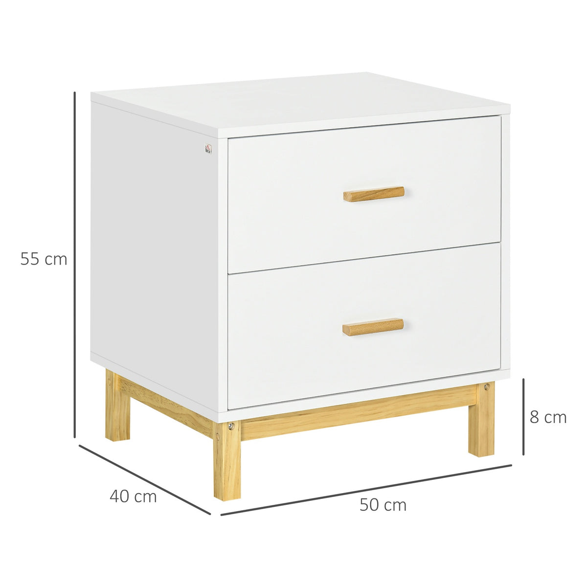 Bedside Table Night Dresser With 2 Drawers, Handle, Side Table, 50X40X55Cm, White