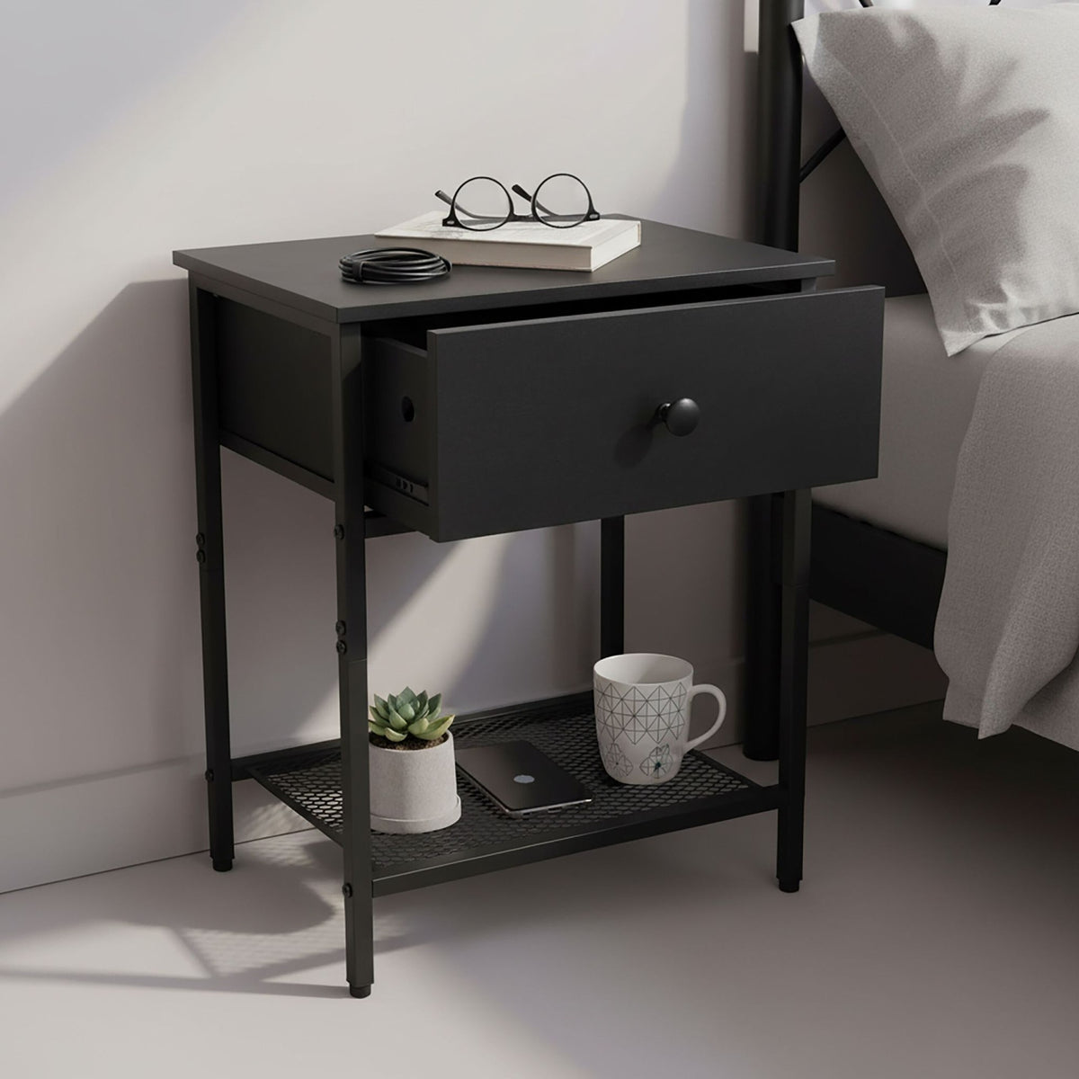 Bedside Table Set, 2-Piece with Drawer & Shelf