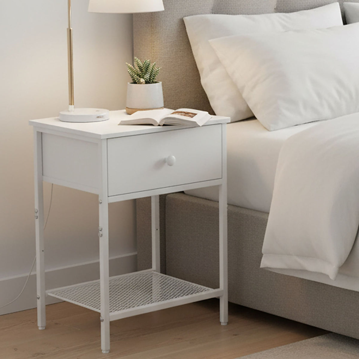 Bedside Table Set, 2-Piece with Drawer & Shelf