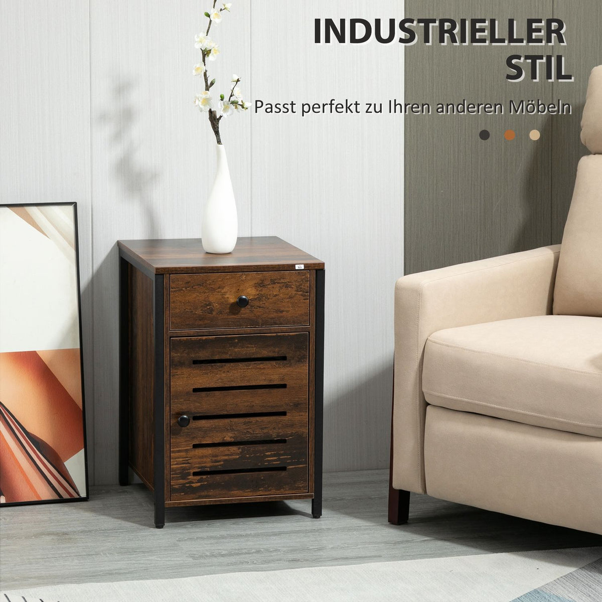 Bedside Table Side Table Drawer Cabinet Rustic Brown Chipboard Steel 40X40X60Cm