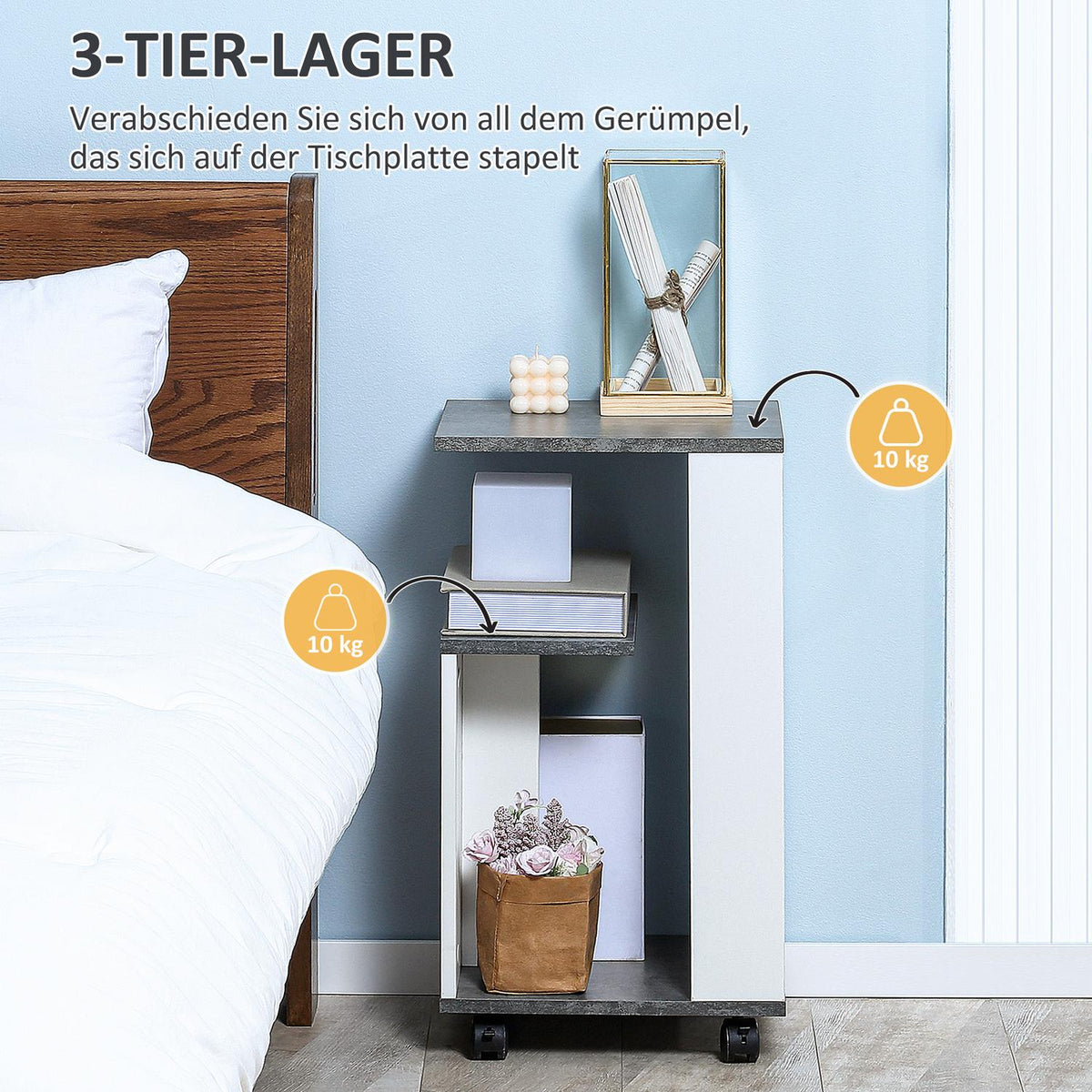 Bedside Table Side Table With Wheels Coffee Table Coffee Table In Modern Design Sofa Table With 3 Shelves For Bedroom Living Room Gray White