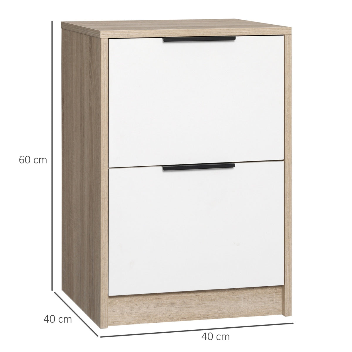 Bedside Table With 2 Drawers, Side Table, Bedside Table, Sofa Table, Night Dresser, Tip Protection, White + Natural Wood, 40 X 40 X 60 Cm