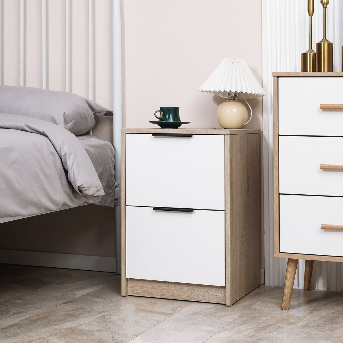 Bedside Table With 2 Drawers, Side Table, Bedside Table, Sofa Table, Night Dresser, Tip Protection, White + Natural Wood, 40 X 40 X 60 Cm