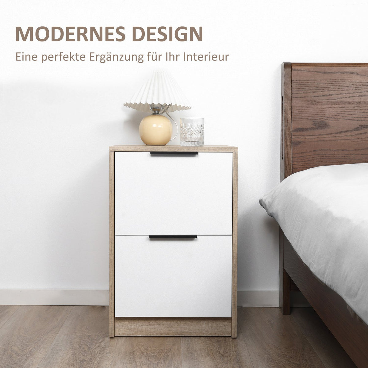 Bedside Table With 2 Drawers, Side Table, Bedside Table, Sofa Table, Night Dresser, Tip Protection, White + Natural Wood, 40 X 40 X 60 Cm