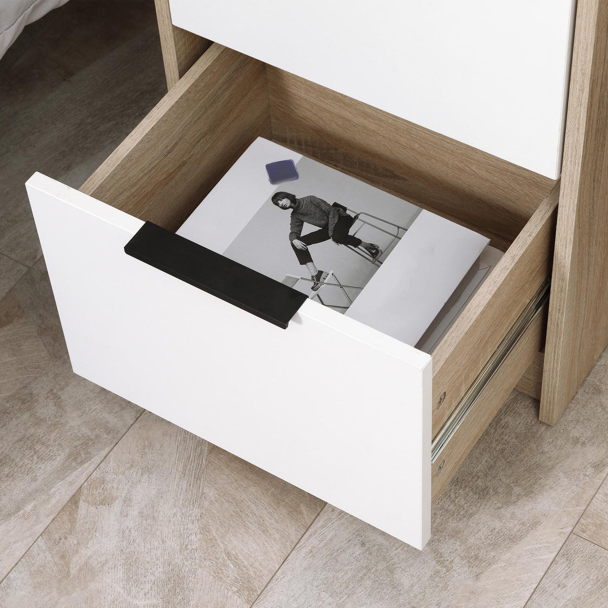 Bedside Table With 2 Drawers, Side Table, Bedside Table, Sofa Table, Night Dresser, Tip Protection, White + Natural Wood, 40 X 40 X 60 Cm