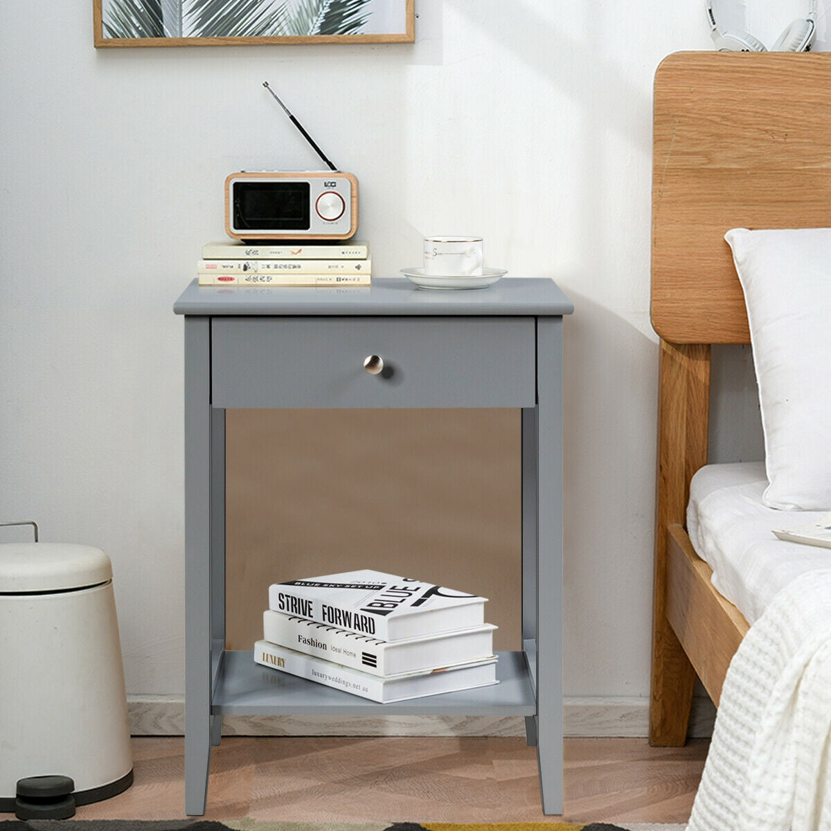 Bedside Table With Drawer and Shelf, Gray MDF