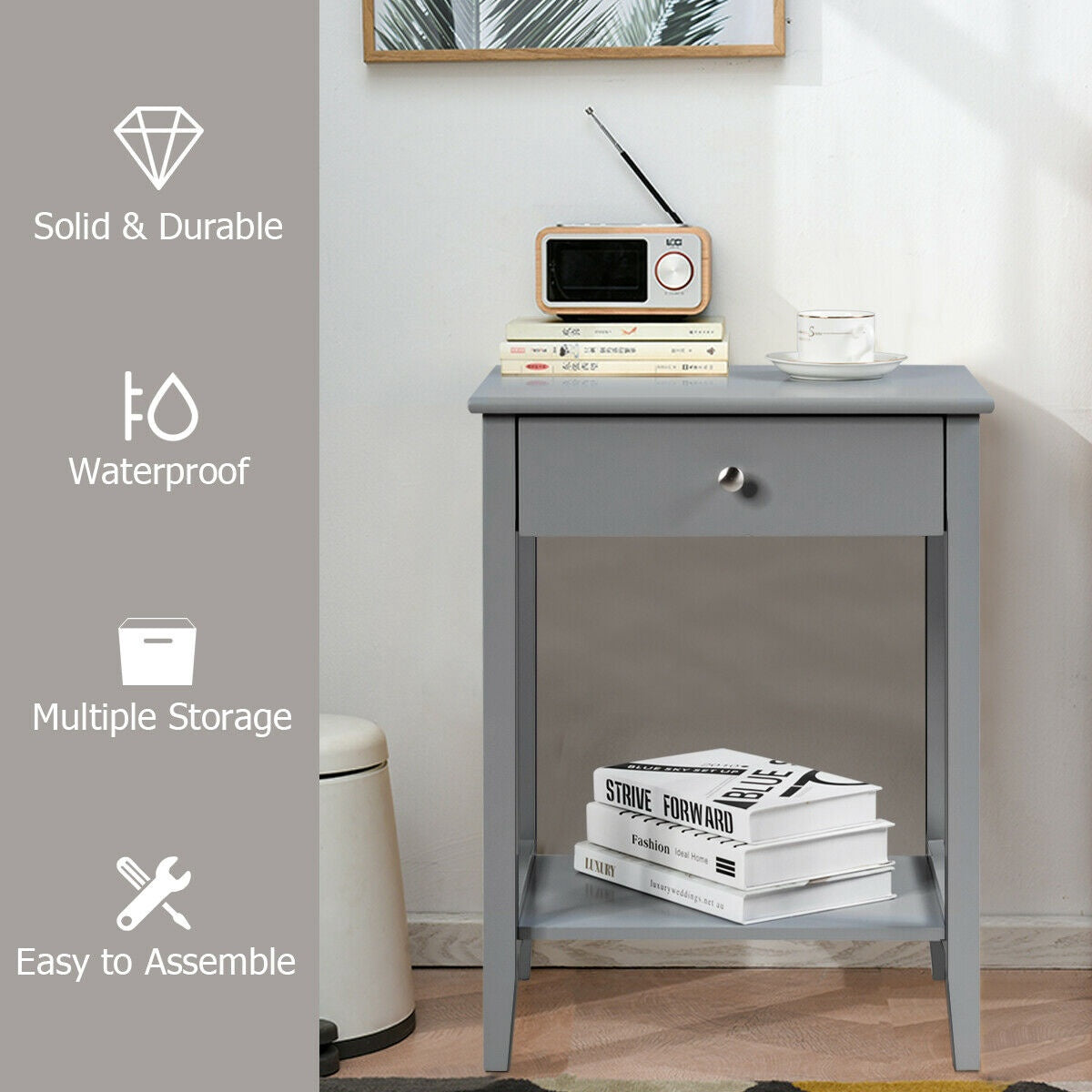 Bedside Table With Drawer and Shelf, Gray MDF