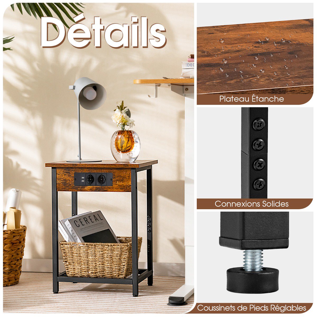 Bedside Tables Set of 2, USB Charging, Grid Shelf