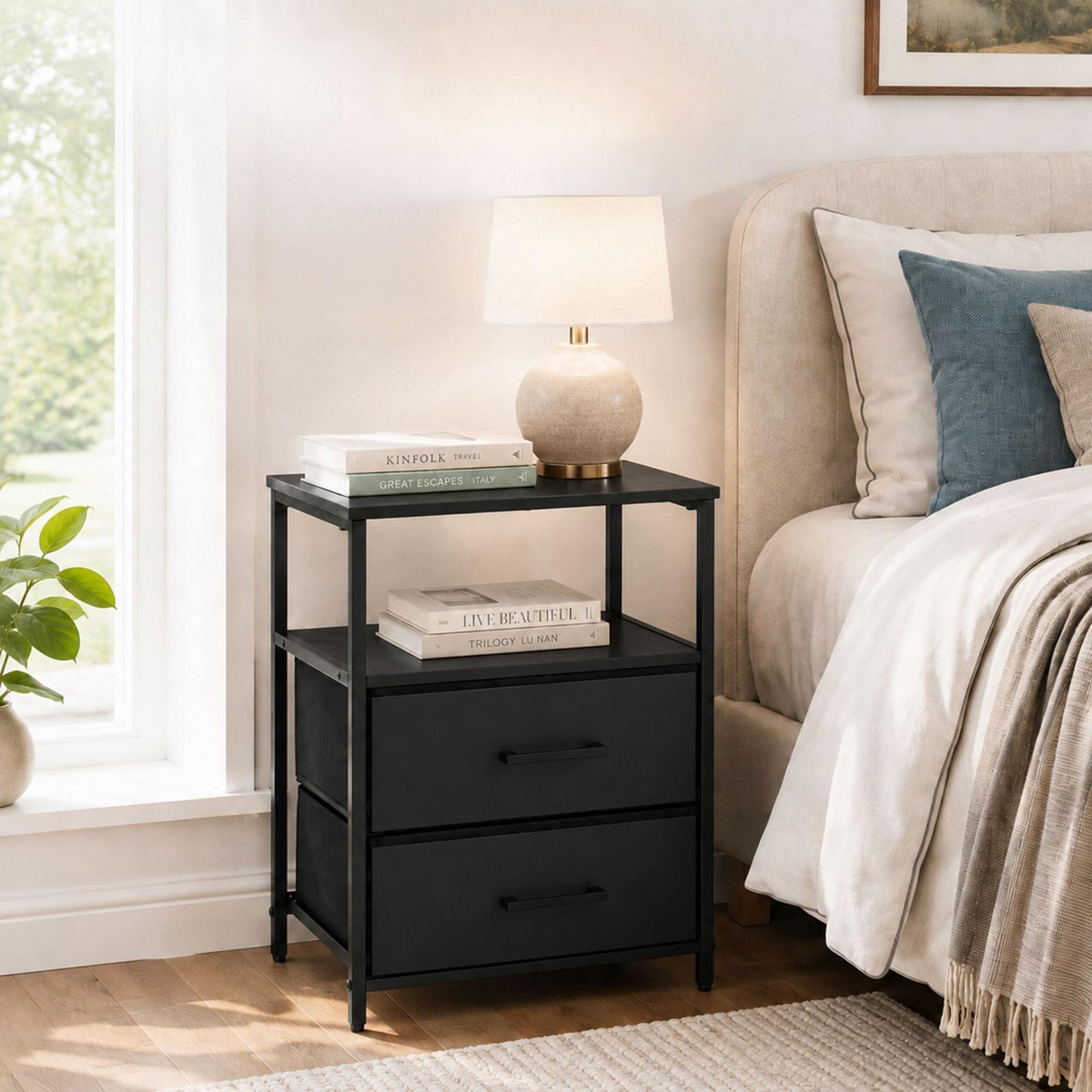 Bedside Table with 2 Fabric Drawers & Shelves, MDF & Metal