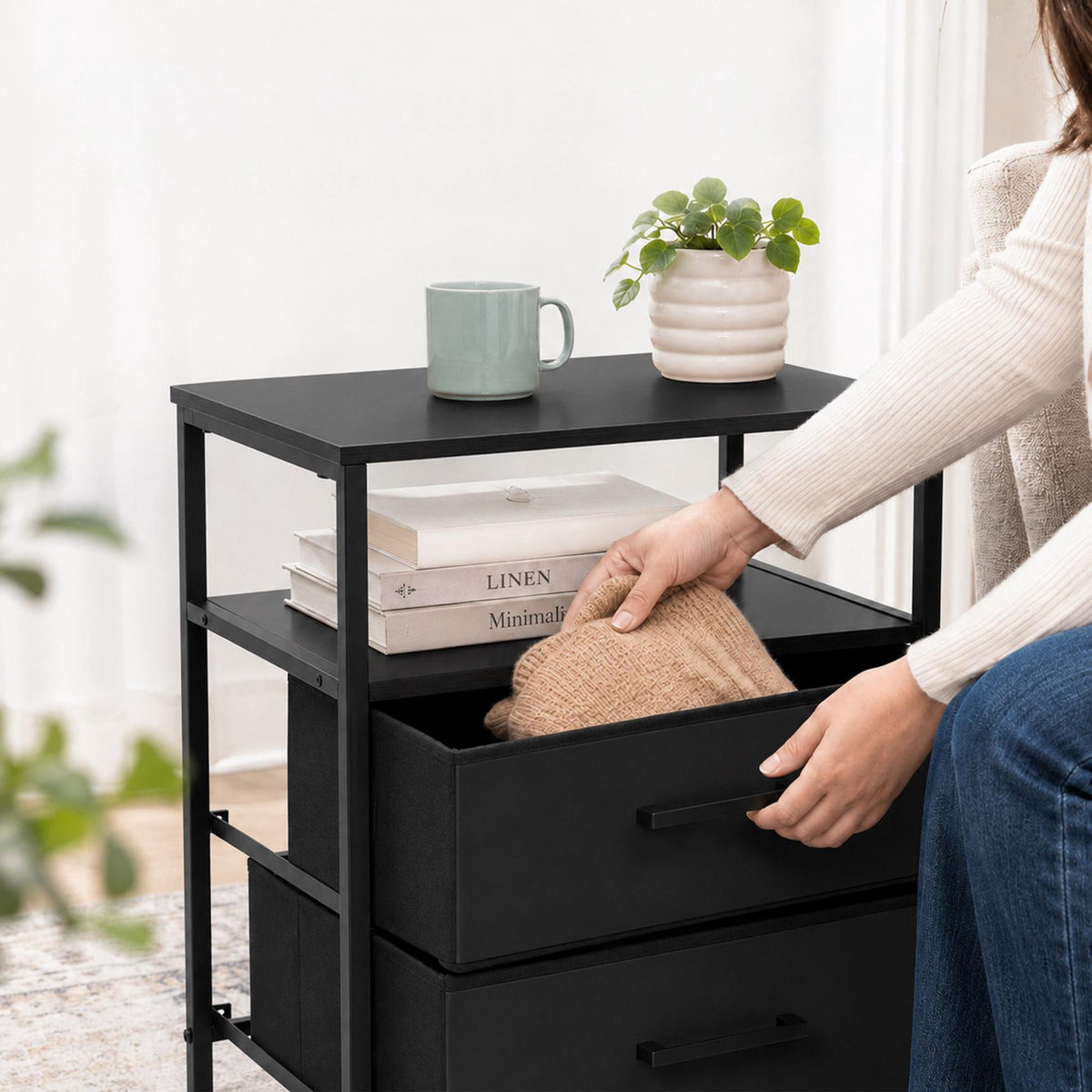 Bedside Table with 2 Fabric Drawers & Shelves, MDF & Metal