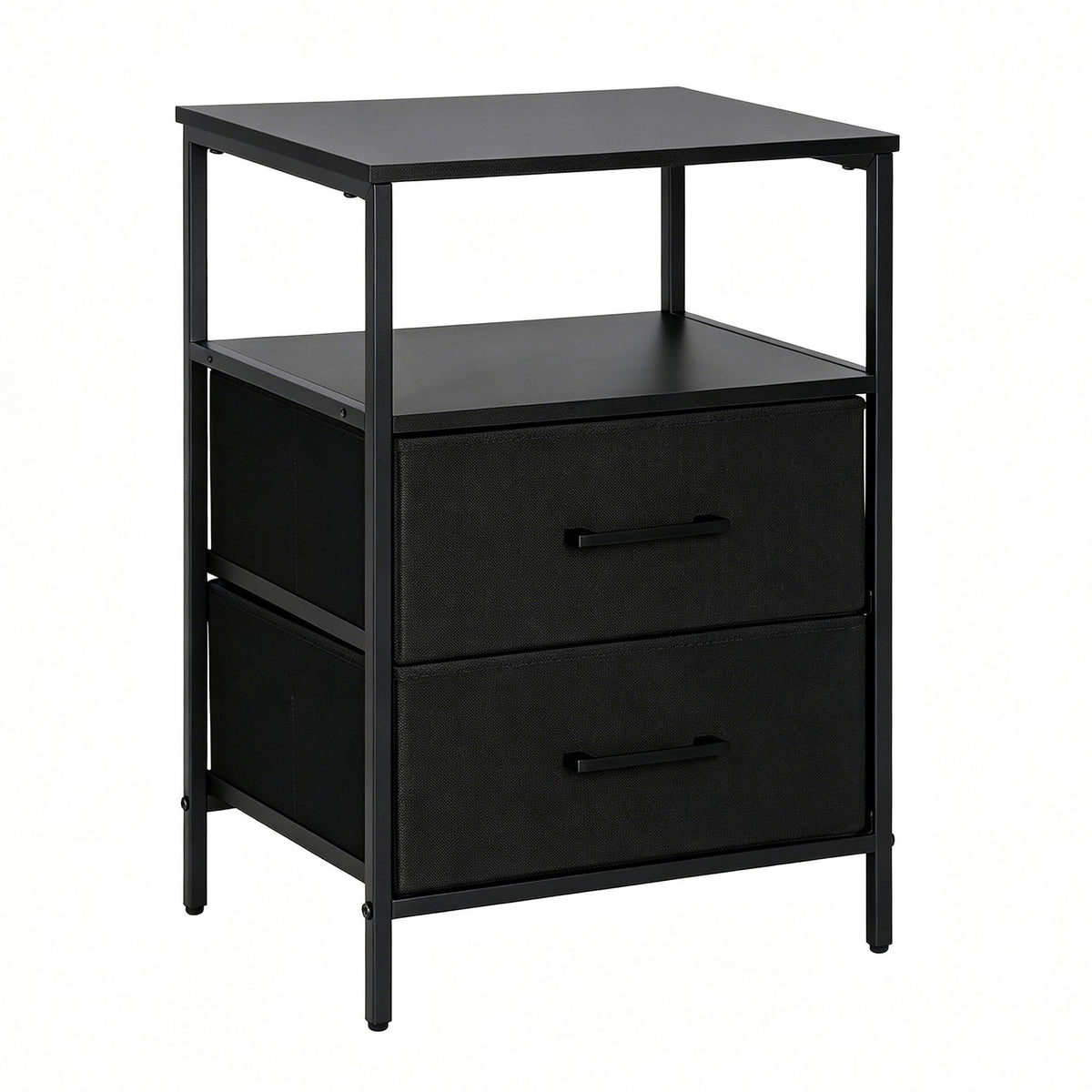 Bedside Table with 2 Fabric Drawers & Shelves, MDF & Metal