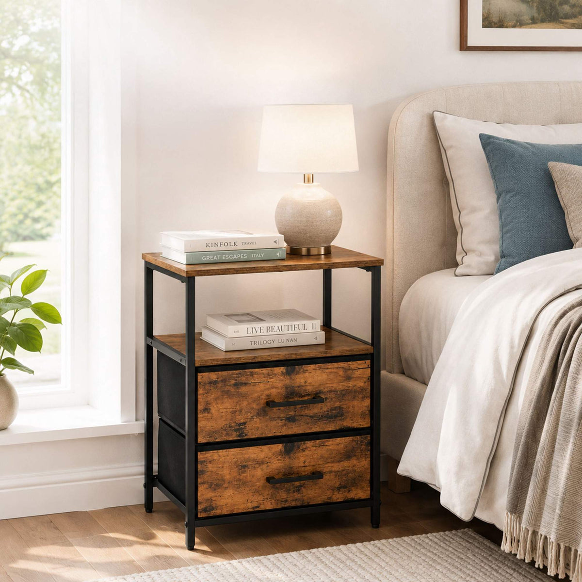 Bedside Table with 2 Fabric Drawers and Shelves, MDF/Metal