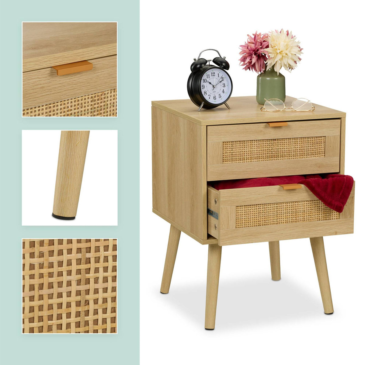 Bedside Table with 2 Wood-Effect Rattan Drawers