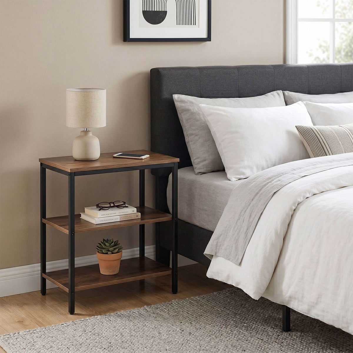 Bedside Table with 3 Shelves, Dark Brown