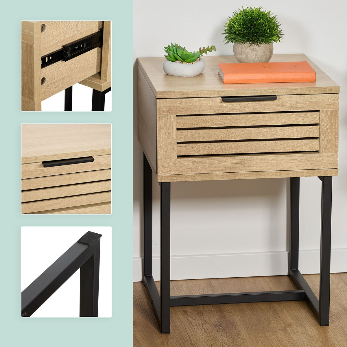 Bedside Table with Drawer and Metal Frame