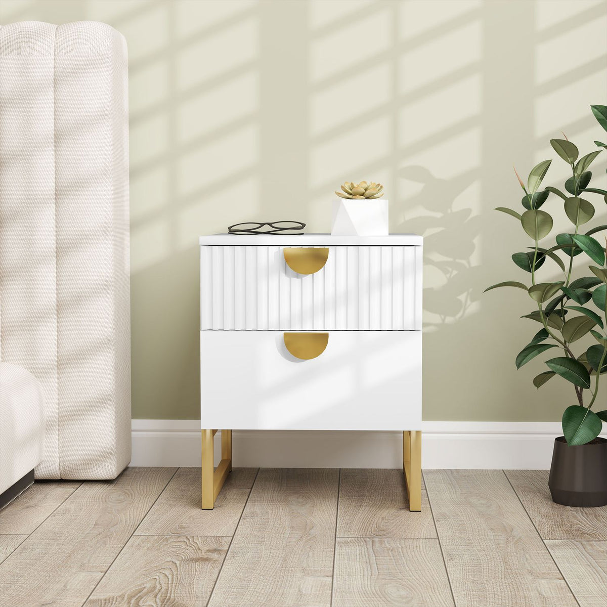 Bedside table with 2 drawers, side table, bedside table with gold-look handles, bedside table for bedroom, living room, 40 x 40 x 50 cm, white