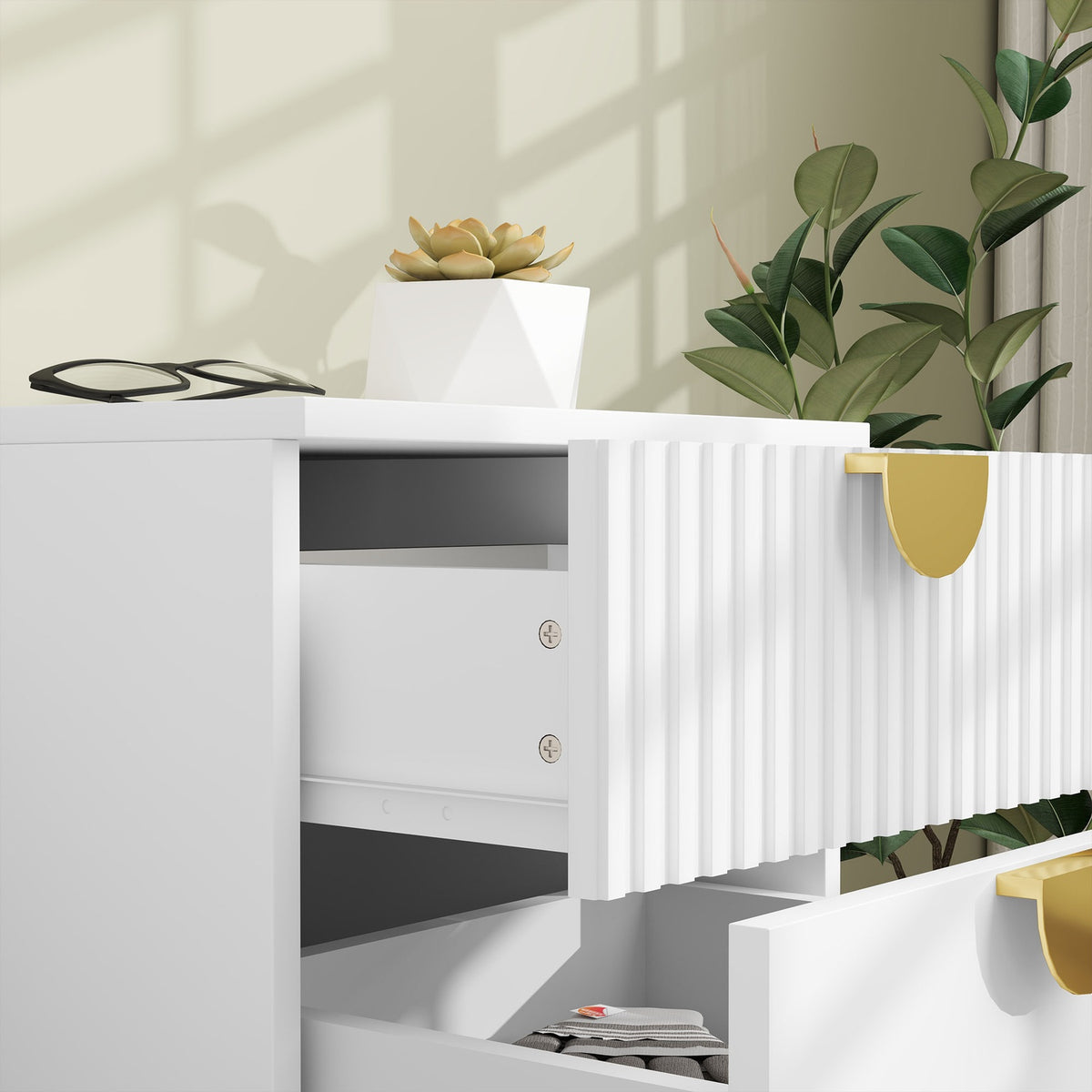 Bedside table with 2 drawers, side table, bedside table with gold-look handles, bedside table for bedroom, living room, 40 x 40 x 50 cm, white