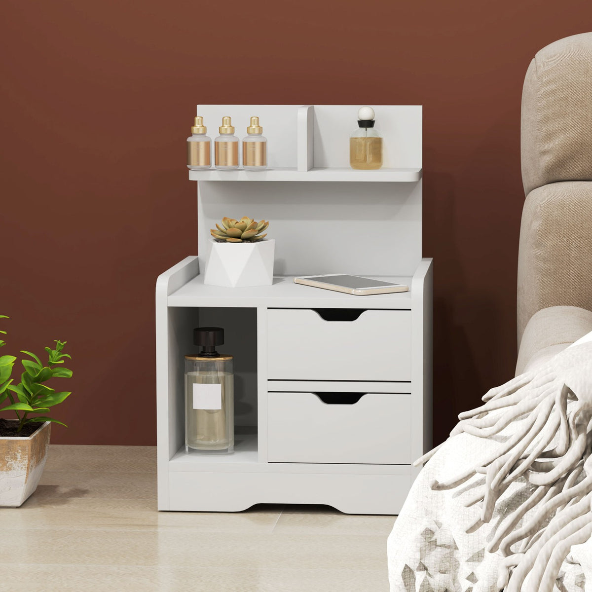 Bedside table with 2 drawers, side table, bedside table with open shelf, bedside table for bedroom, living room, 40 x 30 x 60 cm, white
