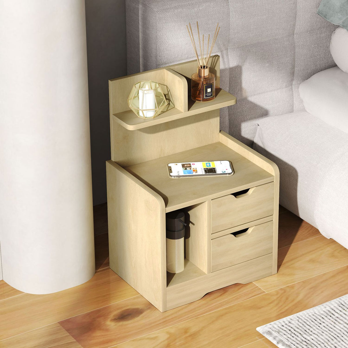 Bedside table with 2 drawers, side table, nightstand with open shelf, nightstand for bedroom, living room, 40 x 30 x 60 cm, natural wood