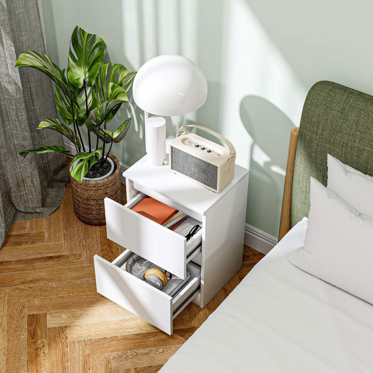 Bedside table with 2 drawers, side table, nightstand with storage space, nightstand for bedroom, living room, approx. 40 x 32 x 56 cm, white