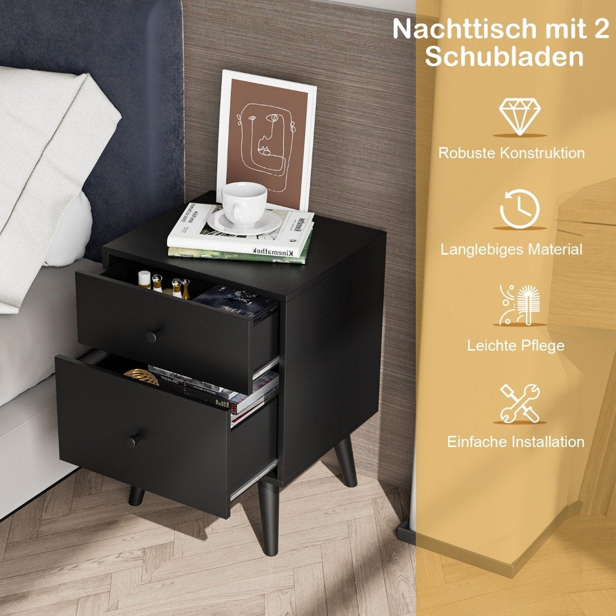 Bedside table with 2 drawers side table with solid wood legs 45 x 39.5 x 62 cm oak