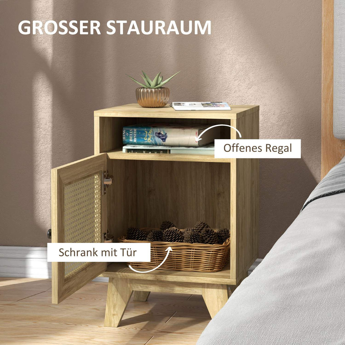 Bedside table with cupboard, storage compartment, side table with rat look for living room, bedroom, 39 x 35 x 60 cm, natural