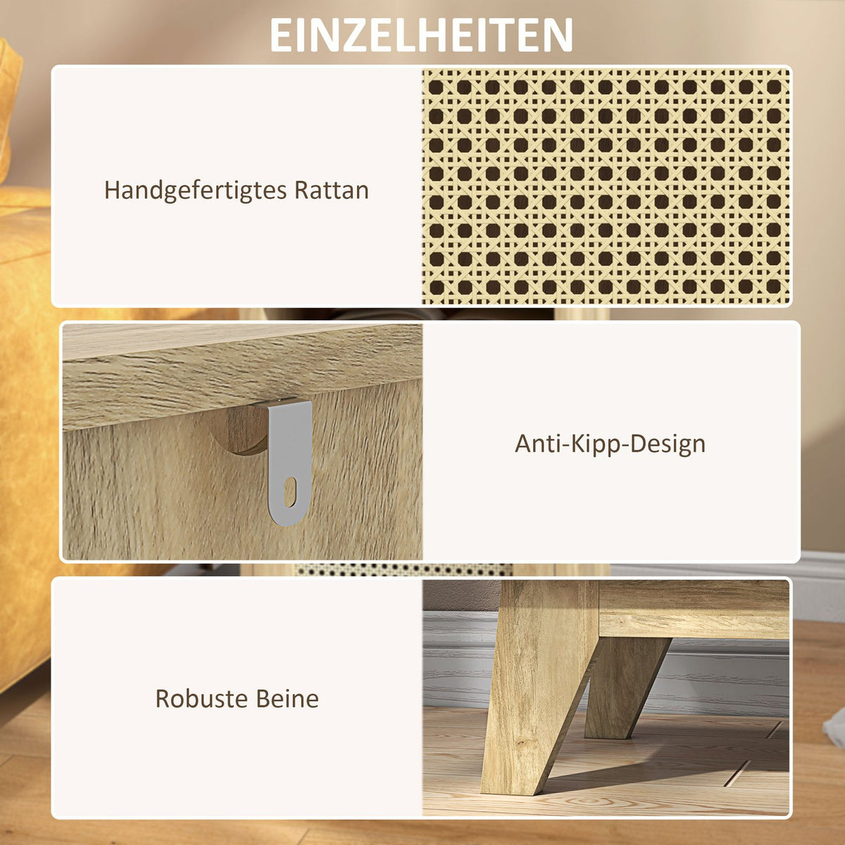 Bedside table with cupboard, storage compartment, side table with rat look for living room, bedroom, 39 x 35 x 60 cm, natural