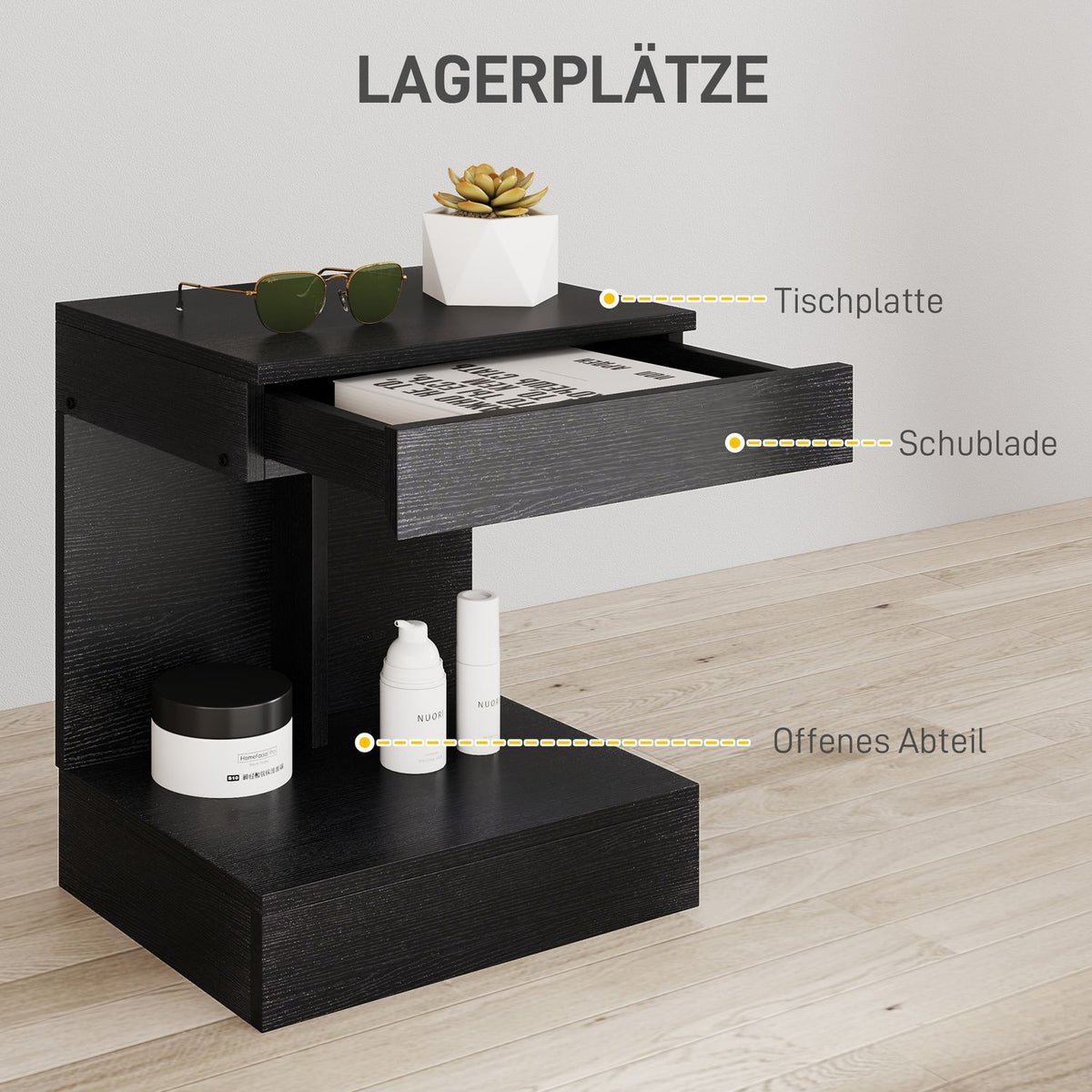 Bedside table with drawers, side table, bedside table with shelf, bedside table for bedroom, living room, 40 x 30 x 46 cm, black