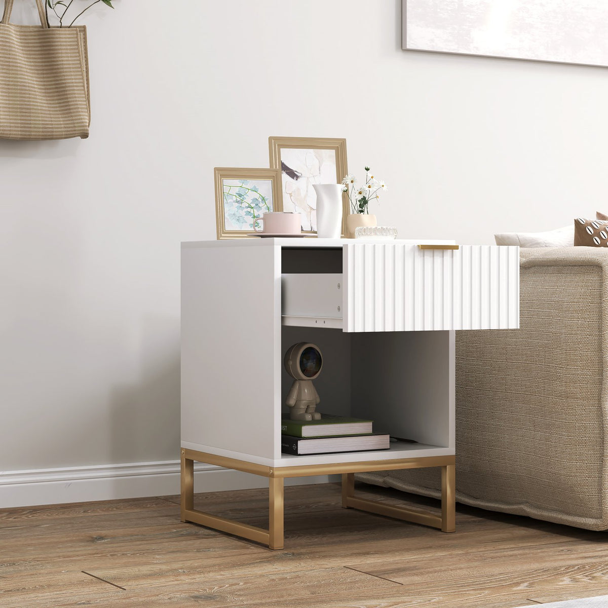Bedside table with drawers, side table, bedside table with storage space, bedside table for bedroom, living room, 40 x 40 x 57 cm, white