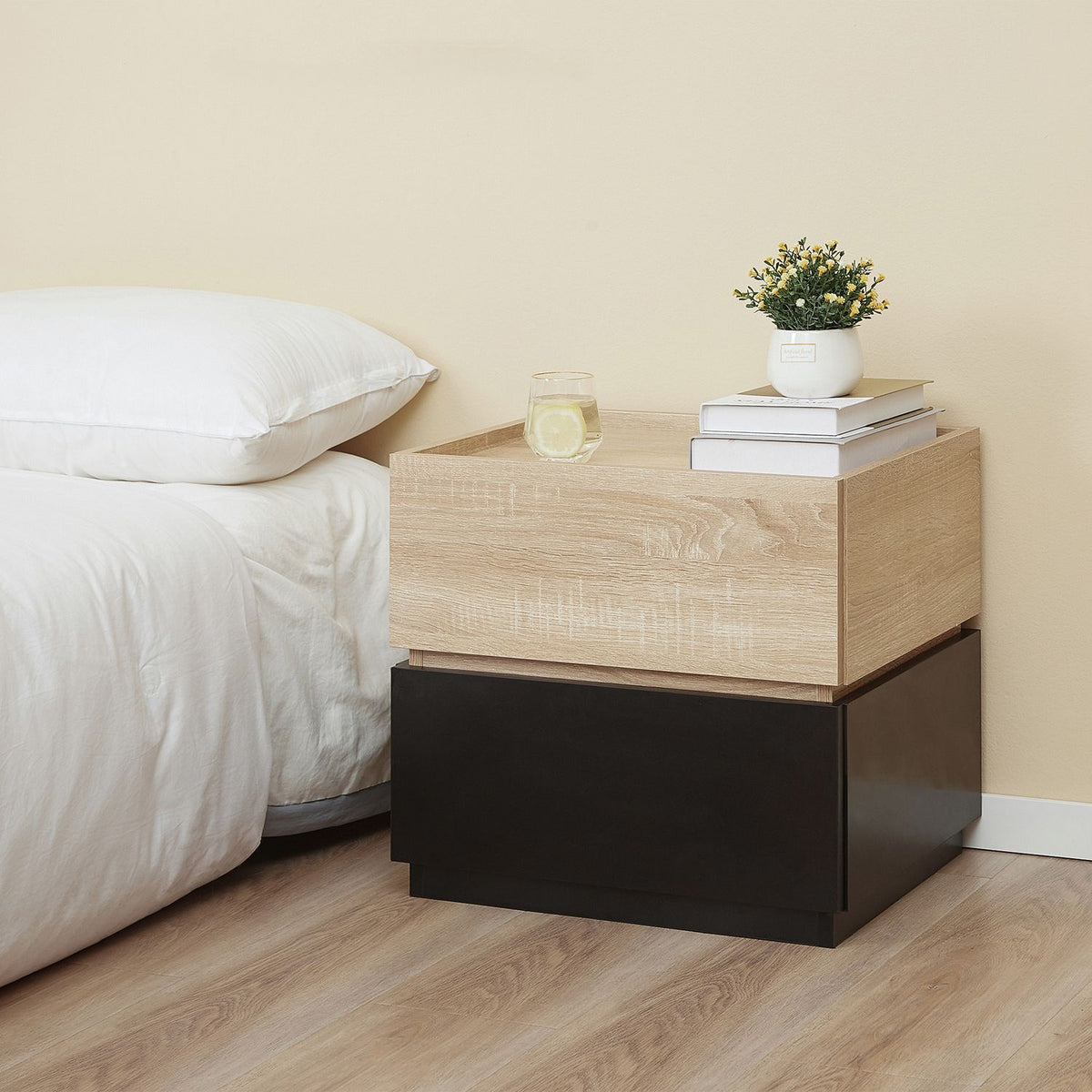 Bedside table with drawer, stackable nightstand, drawer cabinet, bedroom nightstand, chipboard, black + natural, 50 x 40 x 47.5 cm