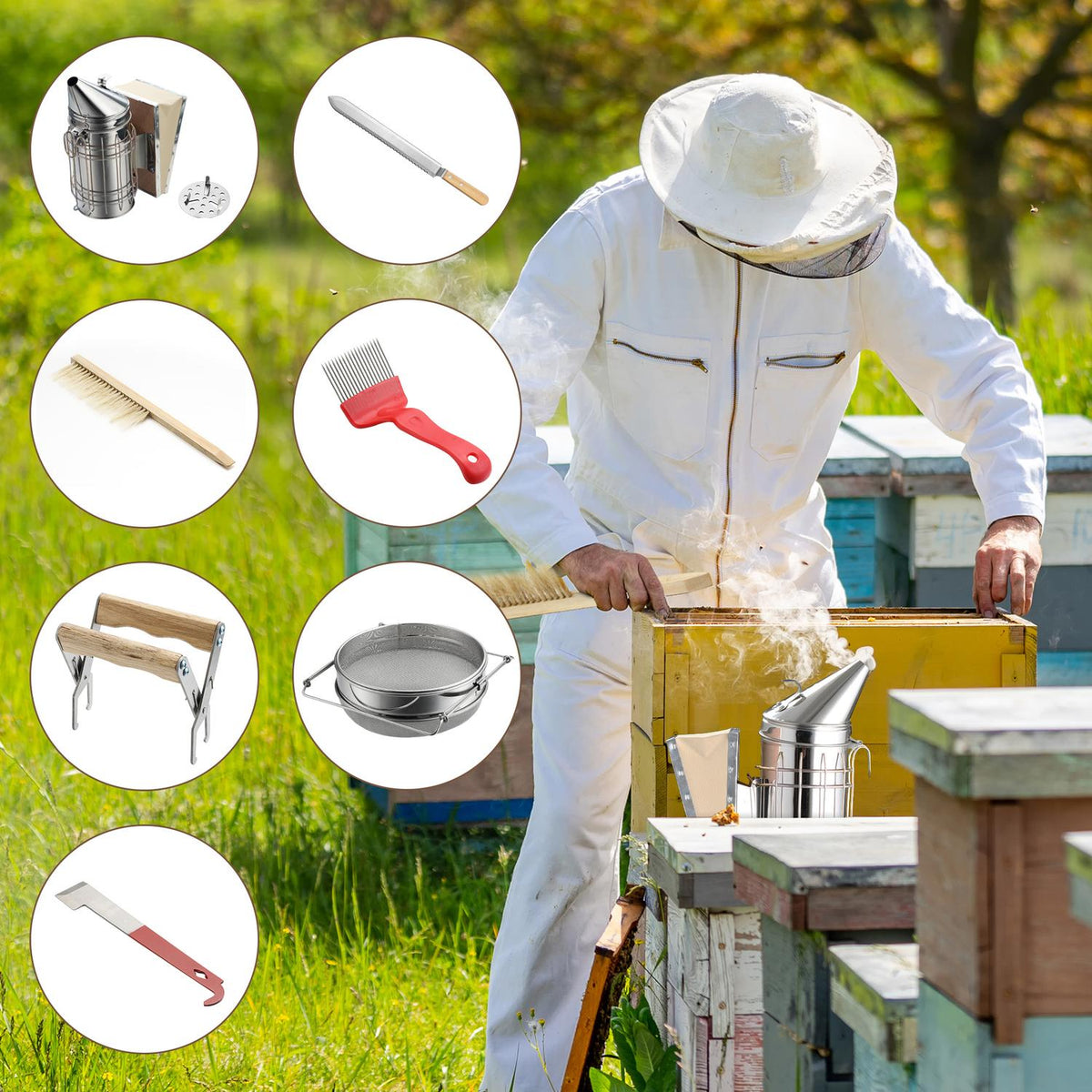 Beekeeping Tool Set 7 Piece Beekeeping Kit With Smoker, Hive Chisel, Beekeeping Brush, Starter Kit, Rustproof